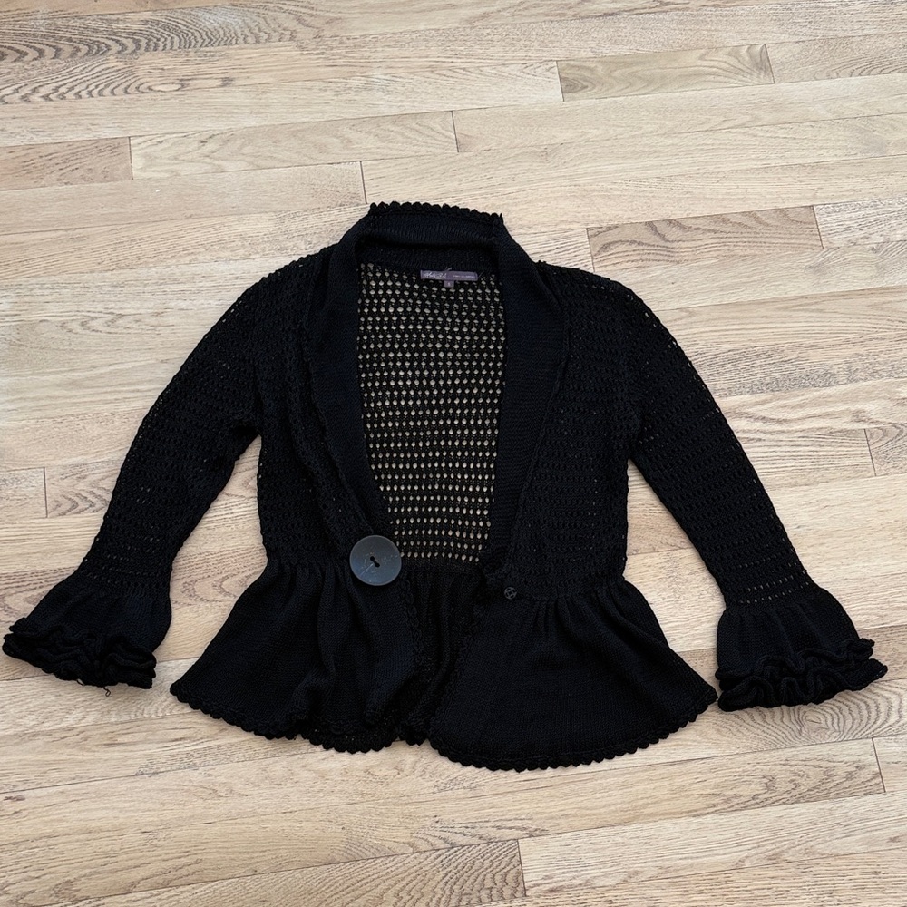 Hale Bob Open Weave Ruffled Snap Front Black Cardigan